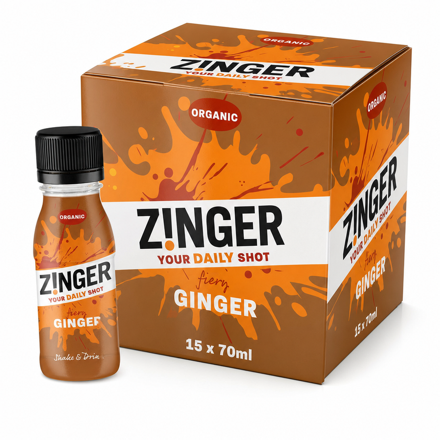Zinger Organic Daily Shots 70ml Ginger Box packaging with an invigorating ginger wellness shot.