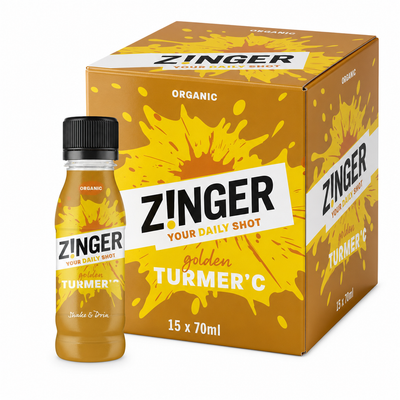 Zinger Organic Daily Shots 70ml Turmeric Box packaging with vibrant golden turmeric wellness shot.