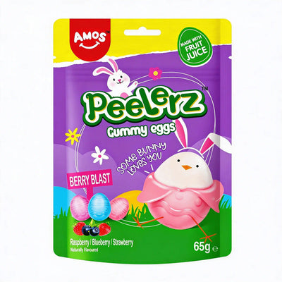 Peelerz Gummy Eggs, Berry Blast flavor gummy treats by Amos, featuring a colorful packaging.
