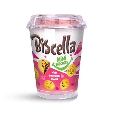 Biscella Mini Biscuits Strawberry 125g Box packaging with fruity graphics and emoji design.