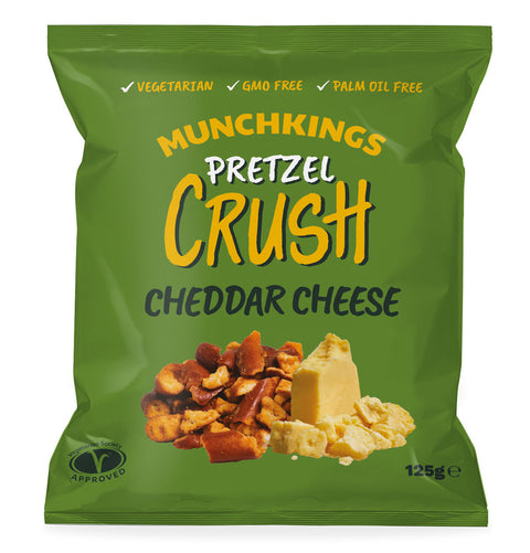 Munchkings Pretzels Cheddar Cheese snack packaging with pretzel pieces and cheddar cheese on the front.