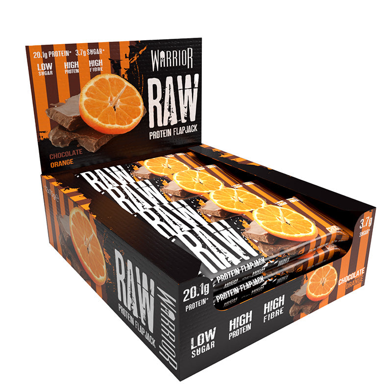 Warrior Raw Protein Flapjack Chocolate Orange Halal 64g Box packaging with orange slices in background.