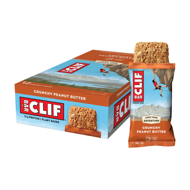 Clif Bar Peanut Butter 69g Energy Bar Box featuring crunchy peanut butter energy bars.