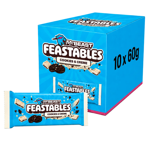 MrBeast Feastables Cookies n Creme 60g Box with a bar of cookies and creme flavored chocolate.