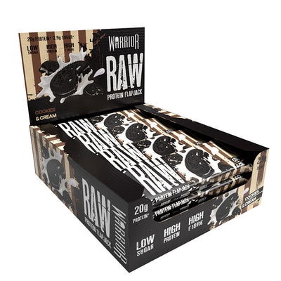 Warrior Raw Protein Flapjack Cookies and Cream Halal 64g Box packaging with flapjacks displayed.