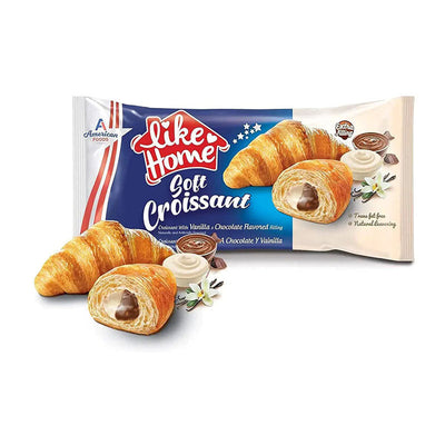 Like Home Croissant Chocolate Vanilla 40g Halal Box with soft croissant and chocolate vanilla cream filling.