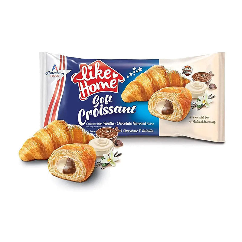 Like Home Croissant Chocolate Vanilla 40g Halal Box with soft croissant and chocolate vanilla cream filling.