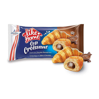 Like Home Croissant Chocolate 40g Halal Box with chocolate-filled soft croissants on a blue packaging.