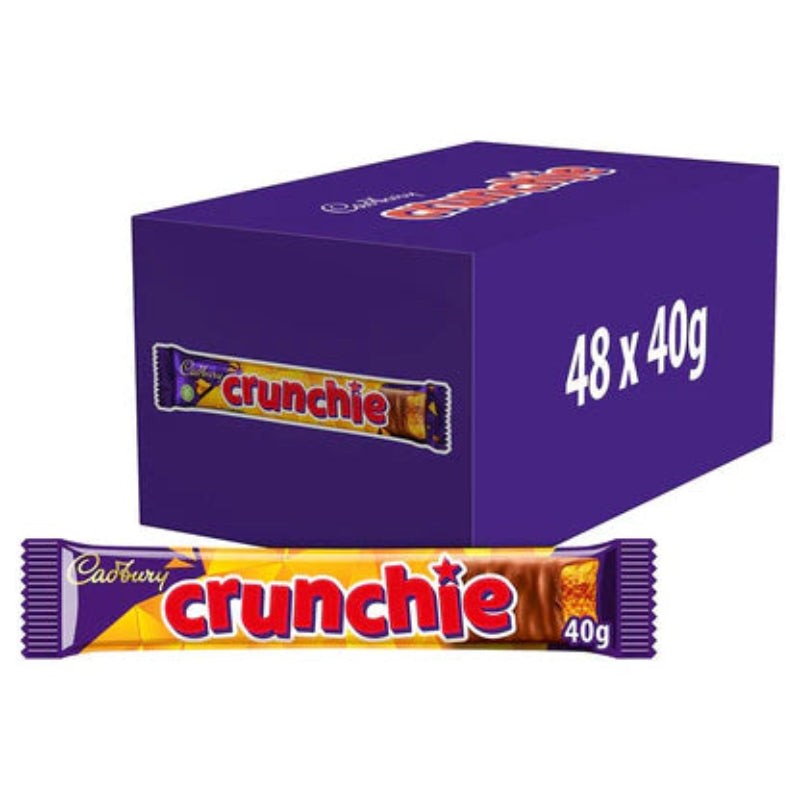 Cadbury Crunchie Chocolate Bar 40g Box packaging with a single Cadbury Crunchie 40g bar in front.