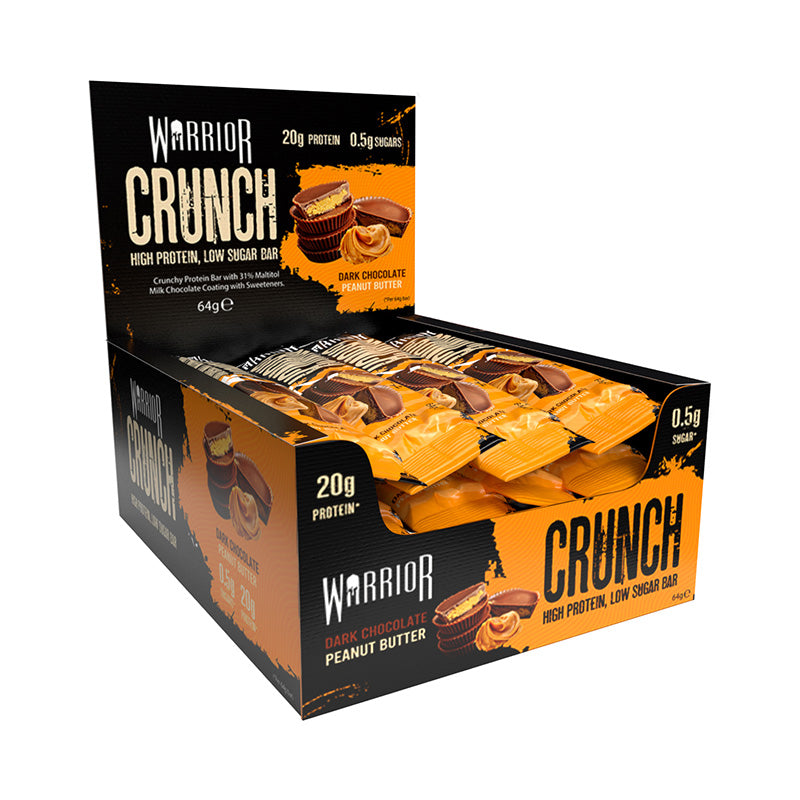 Warrior Crunch Dark Chocolate Peanut Butter Halal 64g Box - high protein crispy bar with dark chocolate and peanut butter.