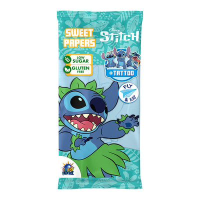 Lilo & Stitch Eating Paper & Tattoo Box featuring Stitch, edible candy paper, and a temporary tattoo.