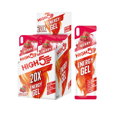 High 5 Energy Gel Berry 38g Box with energy gel packs, designed for endurance athletes, providing rapid energy boost.
