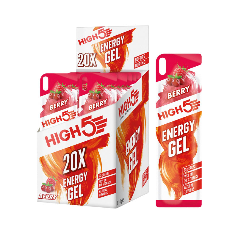High 5 Energy Gel Berry 38g Box with energy gel packs, designed for endurance athletes, providing rapid energy boost.