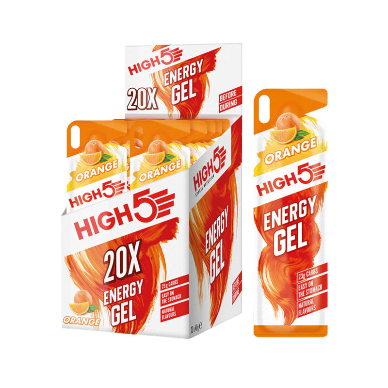 High 5 Energy Gel Orange 38g Box featuring 20 energy gels, delivering quick energy with a refreshing taste.