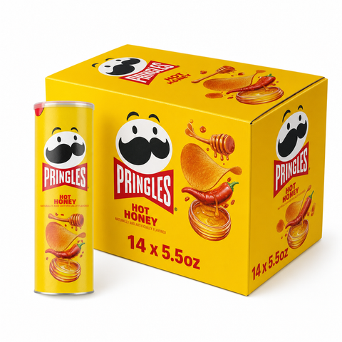 Pringles Hot Honey 5.5oz Box showcasing the crunchy chip and sweet heat flavor in a vibrant packaging.