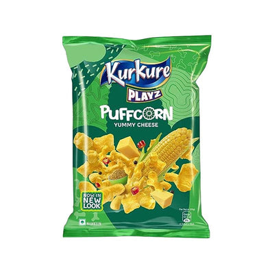 Kur Kure Puff Corn 58g packaging featuring yummy cheese flavor and crunchy puffed corn snacks.