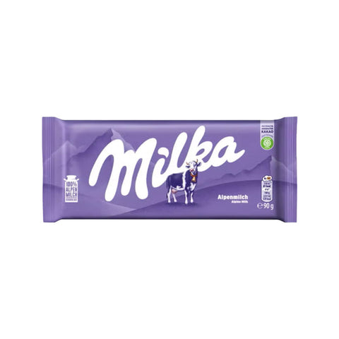 Milka Chocolate Alpine Milk chocolate packaging featuring Alpine milk cow design.