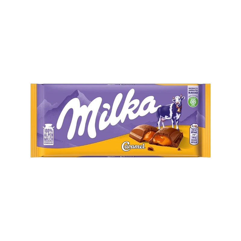 Milka Chocolate Caramel packaging featuring smooth Alpine milk chocolate and creamy caramel filling.