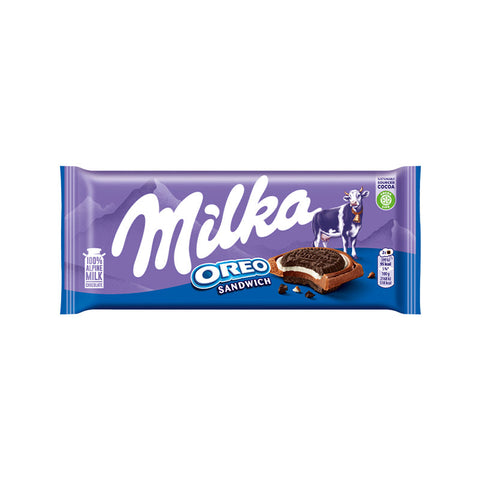 Milka Chocolate Oreo Sandwich packaging featuring creamy chocolate and mini Oreo biscuits.