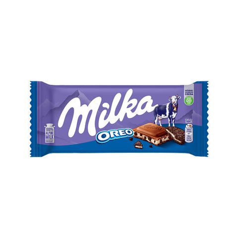 Milka Chocolate Oreo bar packaging showcasing creamy Alpine milk chocolate and crunchy Oreo pieces.