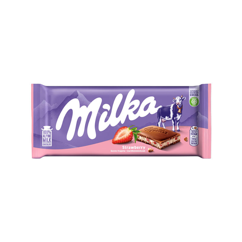 Milka Chocolate Strawberry packaging featuring smooth Alpine milk chocolate and strawberry filling.