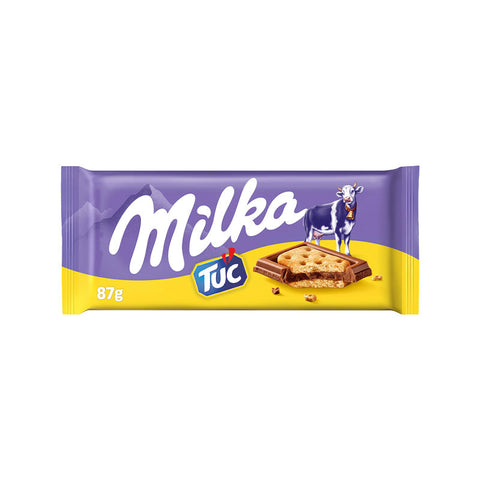 Milka Chocolate TUC 87g bar featuring Alpine milk chocolate and crispy TUC crackers, perfect sweet-savory treat.