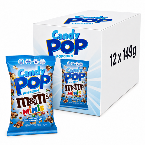 Candy Pop Popcorn M&M Box packaging with popcorn bag and box display, 12 x 149g.