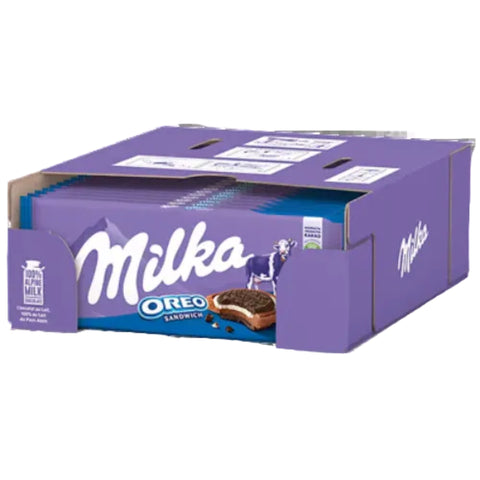 Milka Chocolate Oreo Sandwich Box packaging with colorful design displaying 10 complete mini Oreo biscuits inside milk chocolate.