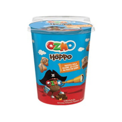 Ozmo Hoppo Chocolate Filled Biscuits Tub 90g Box with animal-shaped biscuits and pirate-themed packaging.