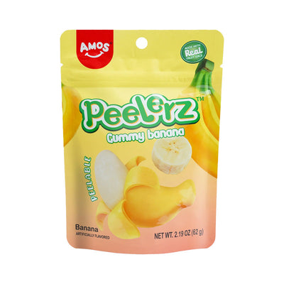 Peelerz Gummy Banana 65g packaging featuring banana-shaped peelable gummy sweets by Amos Sweets.