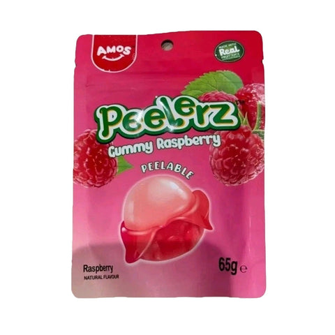 Peelerz Gummy Raspberry 65g packaging featuring peelable raspberry-shaped gummy sweets.