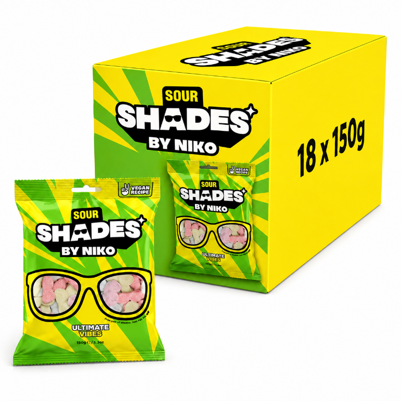 Shades by Niko Sour Ultimate Vibes Box with vibrant packaging and colorful candy display.